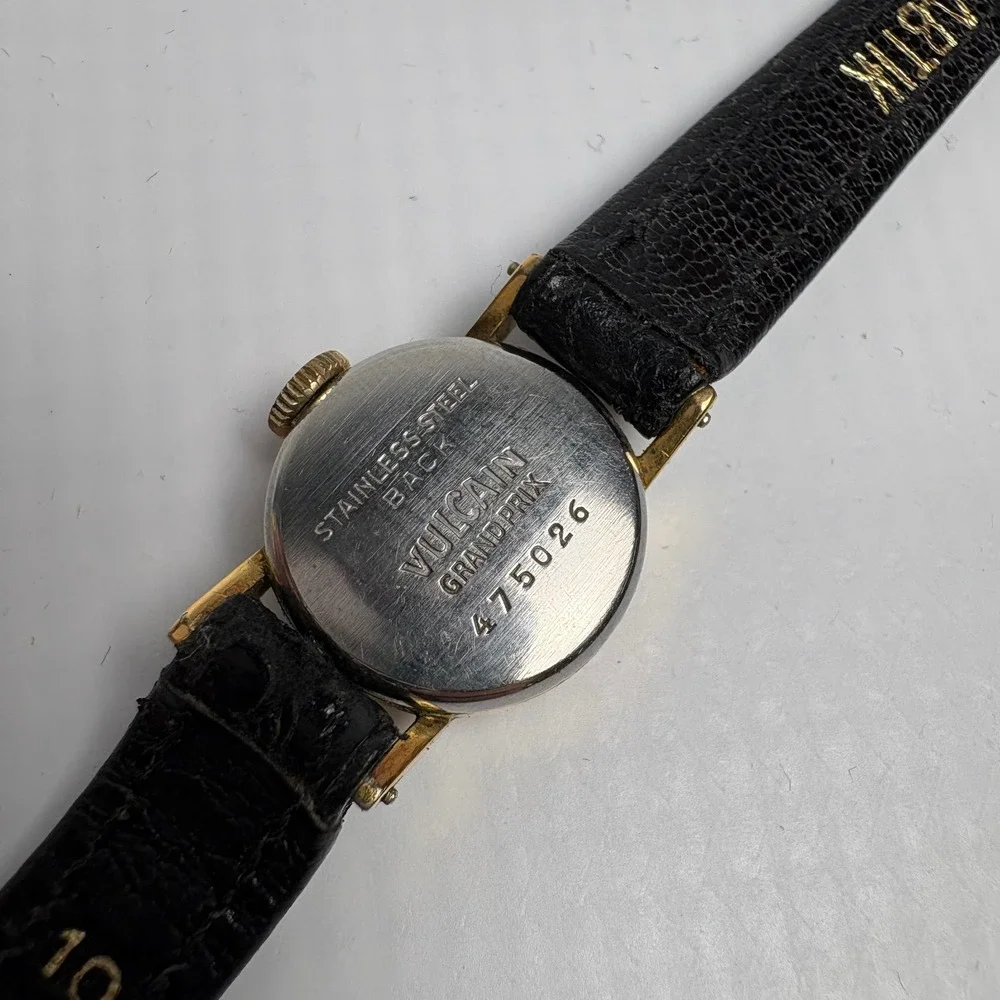 Vulcain Grand Prix Women Vintage Cocktail Watch Black Dial Gold Fluted Swiss